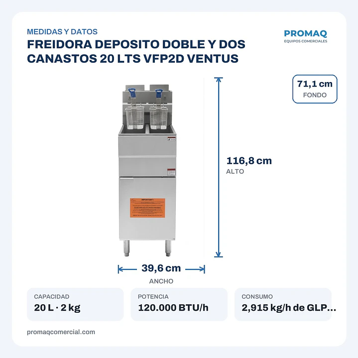 FREIDORA DEPOSITO DOBLE Y DOS CANASTOS 20 LTS VFP2D VENTUS 2