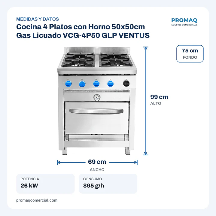 Cocina 4 Platos con Horno 50x50cm Gas Licuado VCG-4P50 GLP VENTUS 2