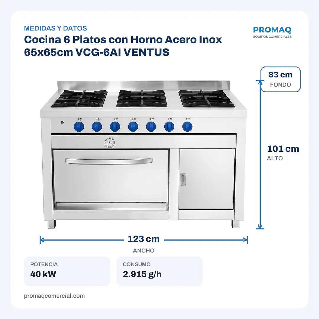 Cocina 6 Platos con Horno Acero Inox 65x65cm VCG-6AI VENTUS 2