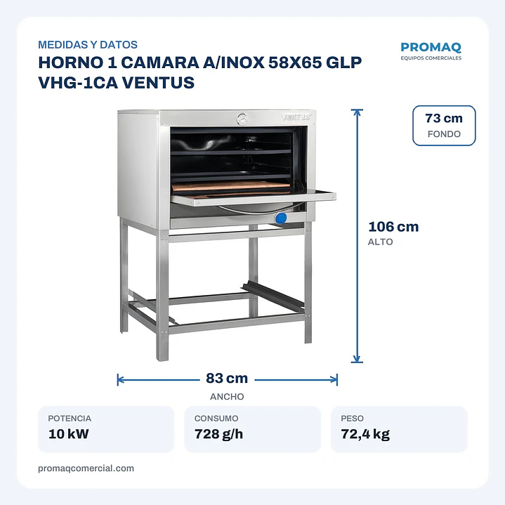 HORNO 1 CAMARA A/INOX 58X65 GLP VHG-1CA VENTUS 2