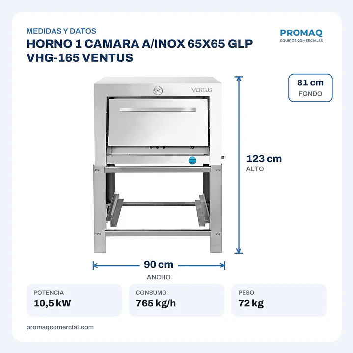 HORNO 1 CAMARA A/INOX 65X65 GLP VHG-165 VENTUS 2