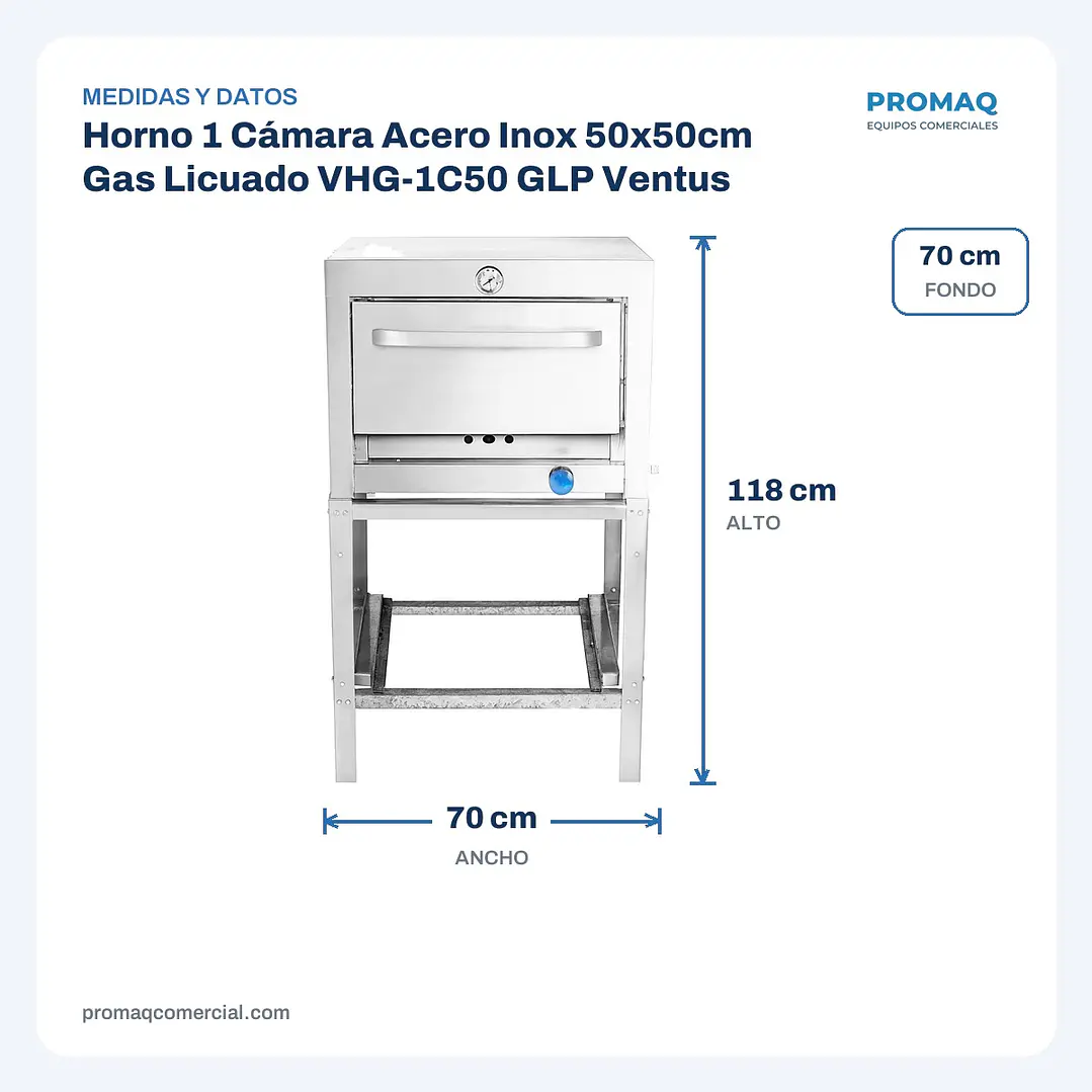 Horno 1 Cámara Acero Inox 50x50cm Gas Licuado VHG-1C50 GLP Ventus 2