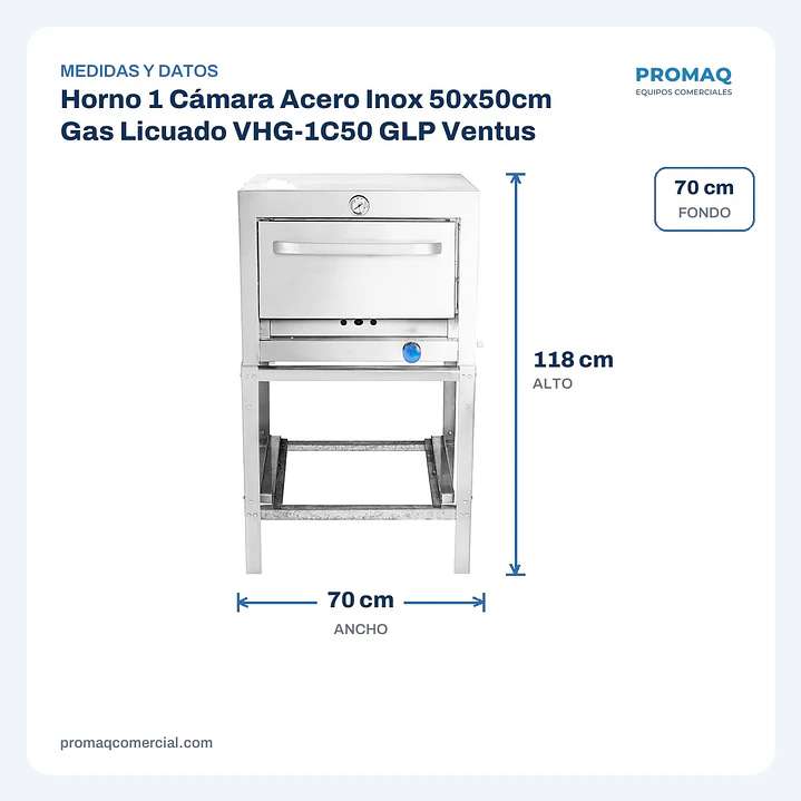 Horno 1 Cámara Acero Inox 50x50cm Gas Licuado VHG-1C50 GLP Ventus 2