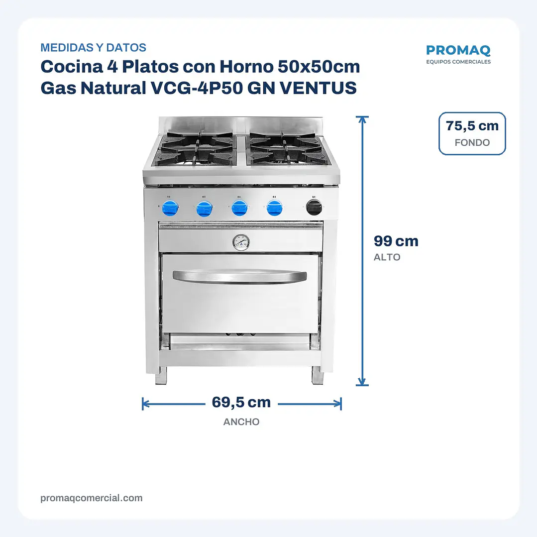 Cocina 4 Platos con Horno 50x50cm Gas Natural VCG-4P50 GN VENTUS 2