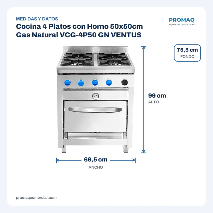 Cocina 4 Platos con Horno 50x50cm Gas Natural VCG-4P50 GN VENTUS 2