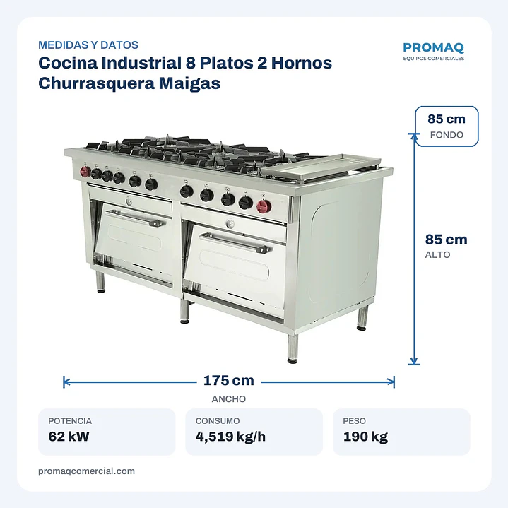 Cocina Industrial 8 Platos 2 Hornos Churrasquera Maigas 2