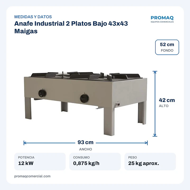 Anafe Industrial 2 Platos Bajo 43x43 Maigas 2