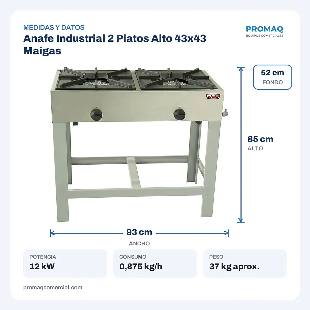 Anafe Industrial 2 Platos Alto 43x43 Maigas 2
