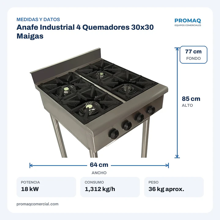 Anafe Industrial 4 Quemadores 30x30 Maigas 2