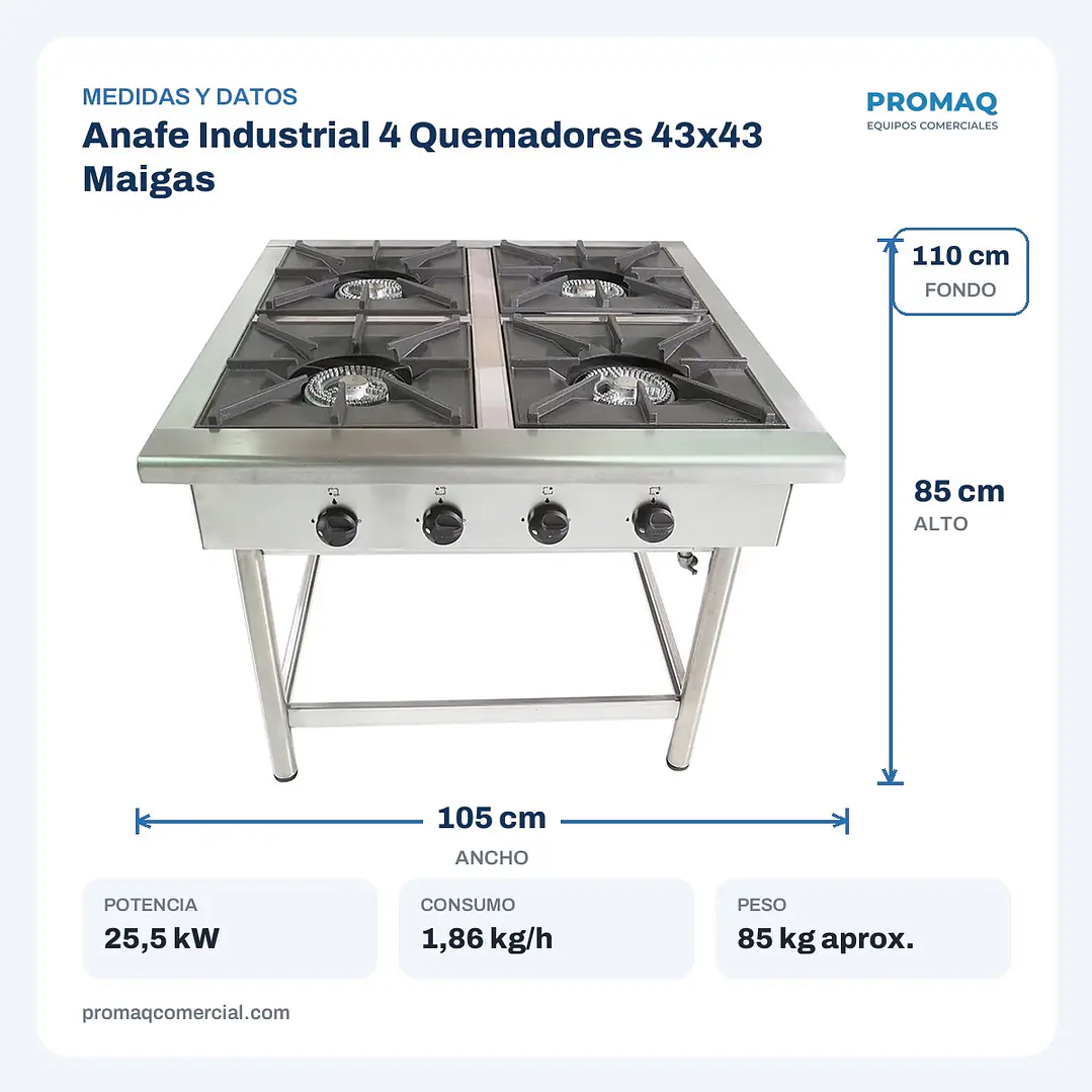 Anafe Industrial 4 Quemadores 43x43 Maigas 2