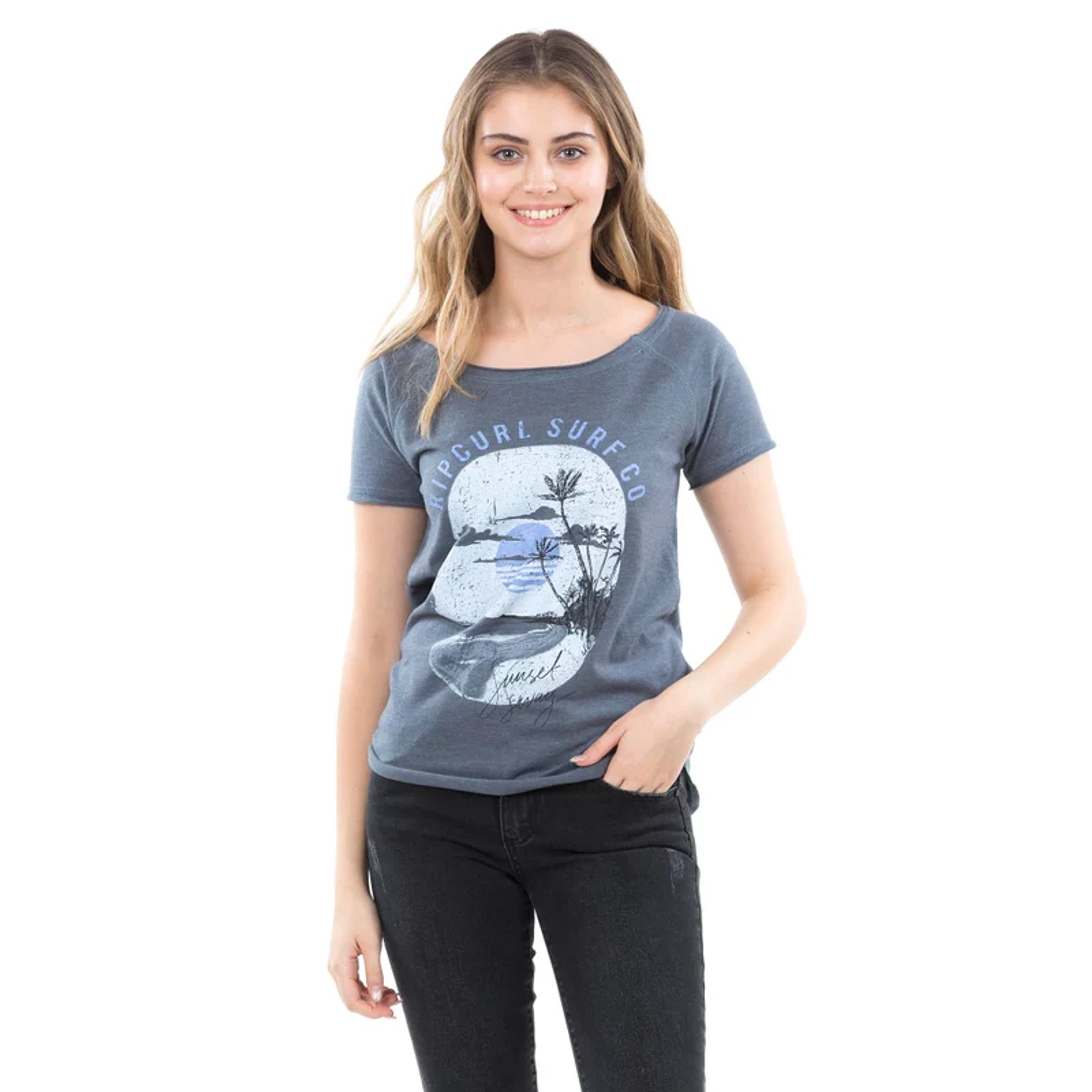 Polera gris cuello ancho Rip Curl Mujer