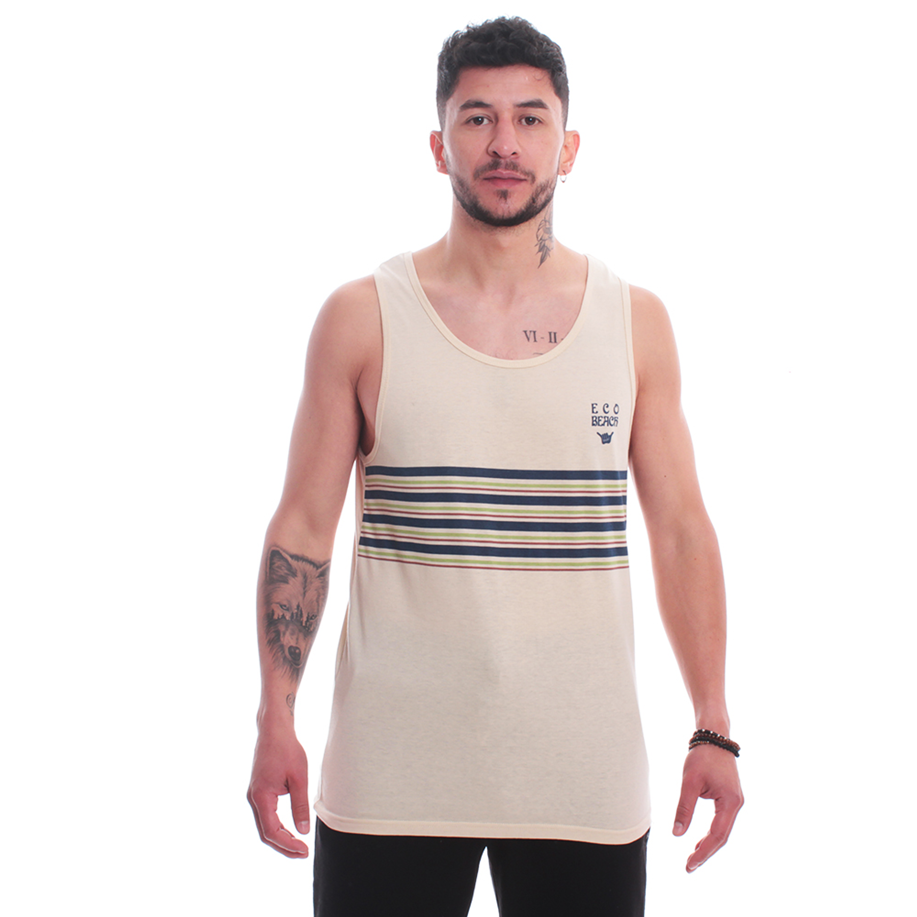 Polera Sin Manga Tank Top Algodón Organico Para Hombre Hang Loose Line Vainilla RR