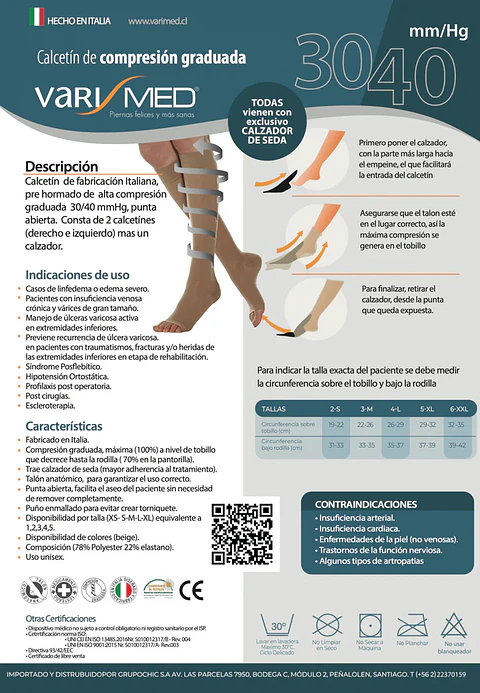 Calcetín compresión graduada 30-40 mmHg microfibra punta abierta con calzador
