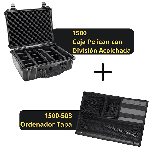 Combo Caja Pelican 1500 Negra interior Divisiones Acolchadas + Ordenador Tapa