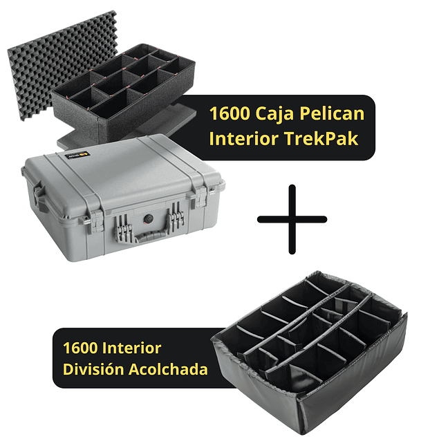  Combo Caja Pelican 1600 Gris Interior TrekPak + Divisiones Acolchadas