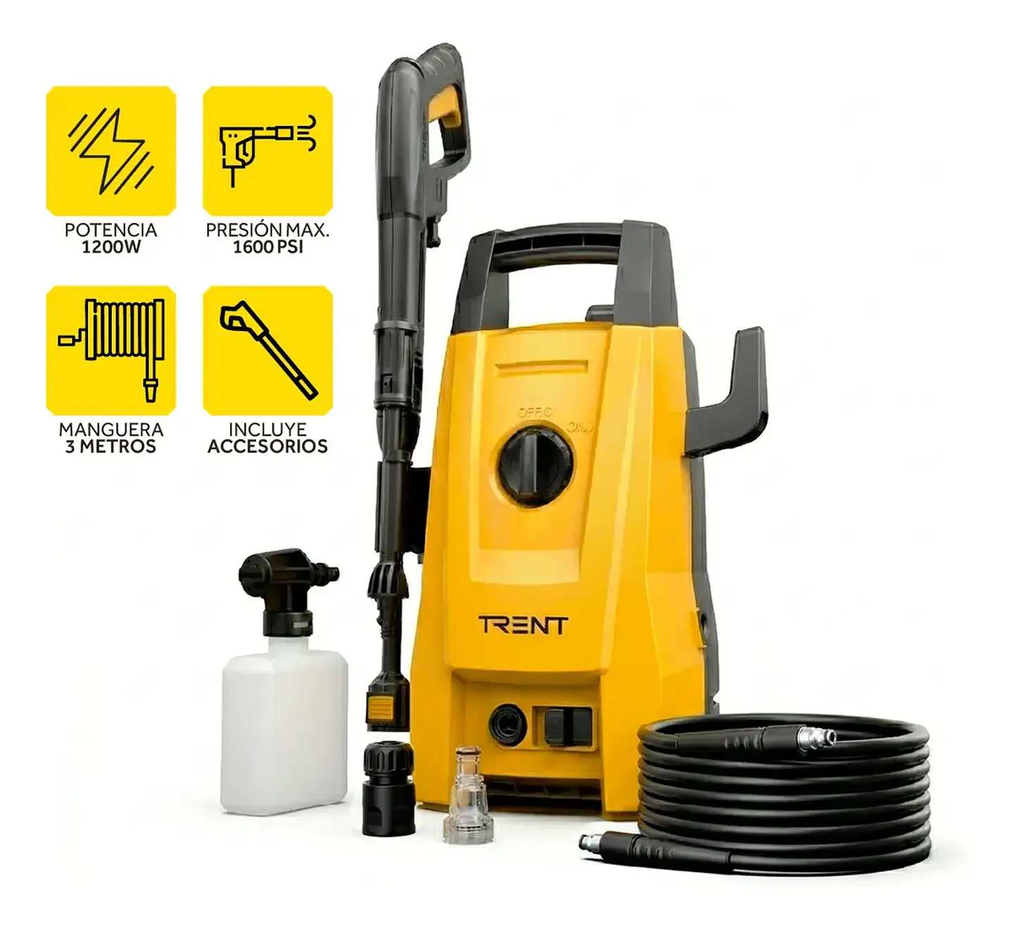 Hidrolavadora Eléctrica Trent HLT203 1200w Alta Presión 1600 Psi 110 Bar Pistola Boquillas Lanza Amarilla 110v 60Hz 1