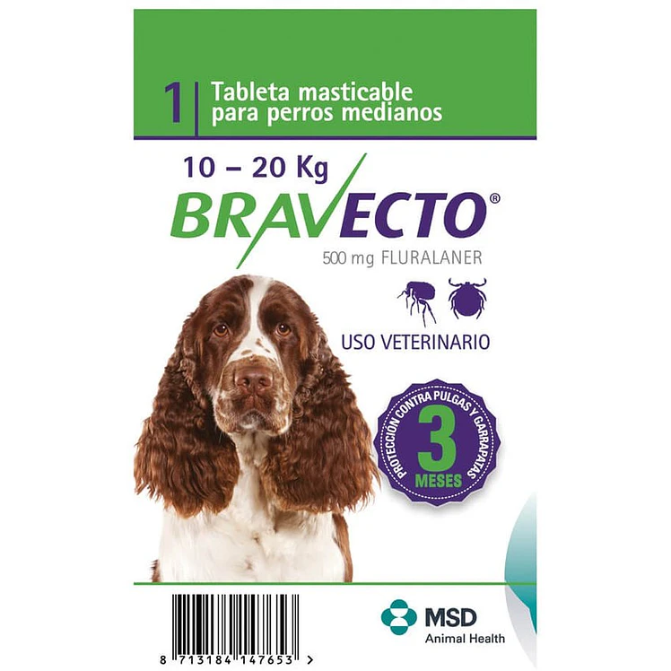 Bravecto Control Pulgas Garrapatas Perros 10 A 20Kg