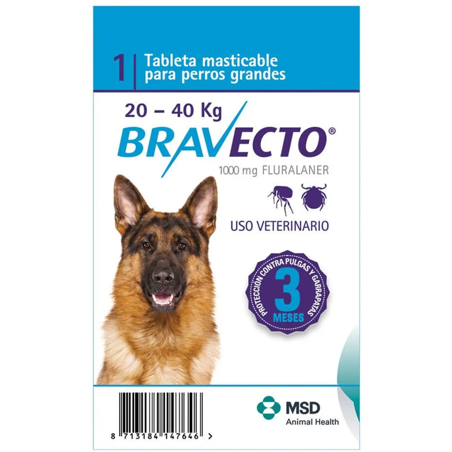 Bravecto Control Pulgas Garrapatas Perros 20 A 40Kg