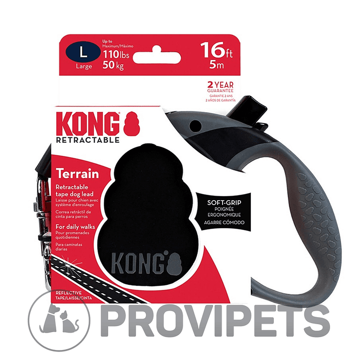 Correa Retráctil Perros Kong Terrain Large Negra Hasta 50Kg