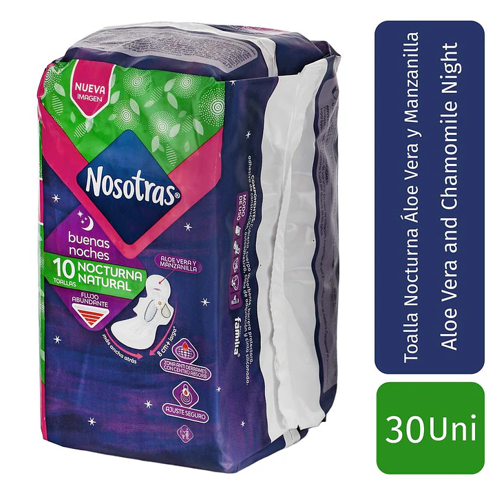 Nosotras Toalla Nocturna Aloe Vera Manzanilla 3 Paq 10 Unid