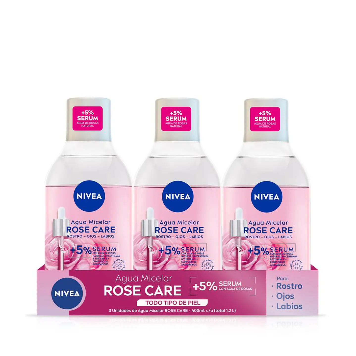 Nivea Agua Micelar Rose Care Ojos Labios 3 Unid 400 mL
