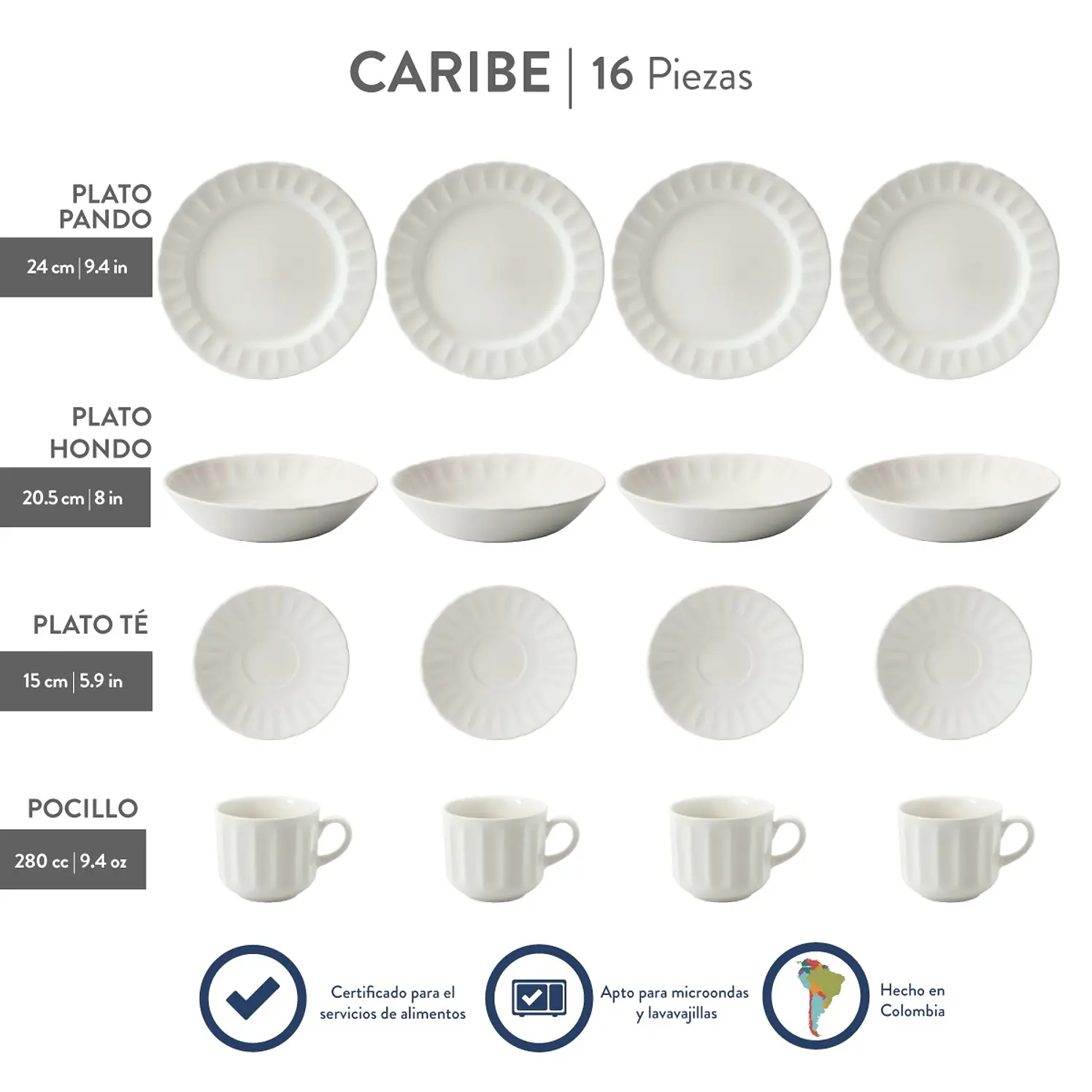 Vajilla Corona 4 puestos 16 pzas Caribe Blanco 2