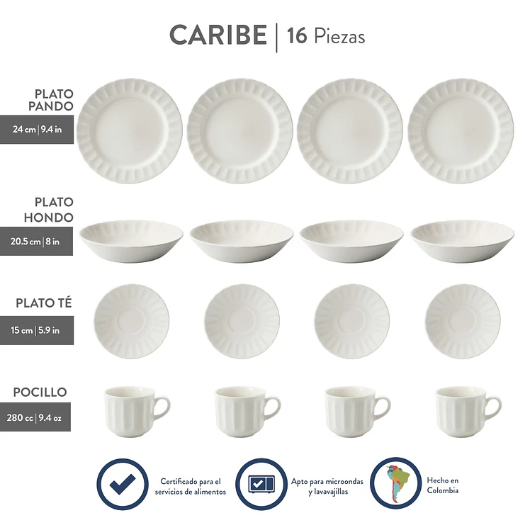 Vajilla Corona 4 puestos 16 pzas Caribe Blanco 2