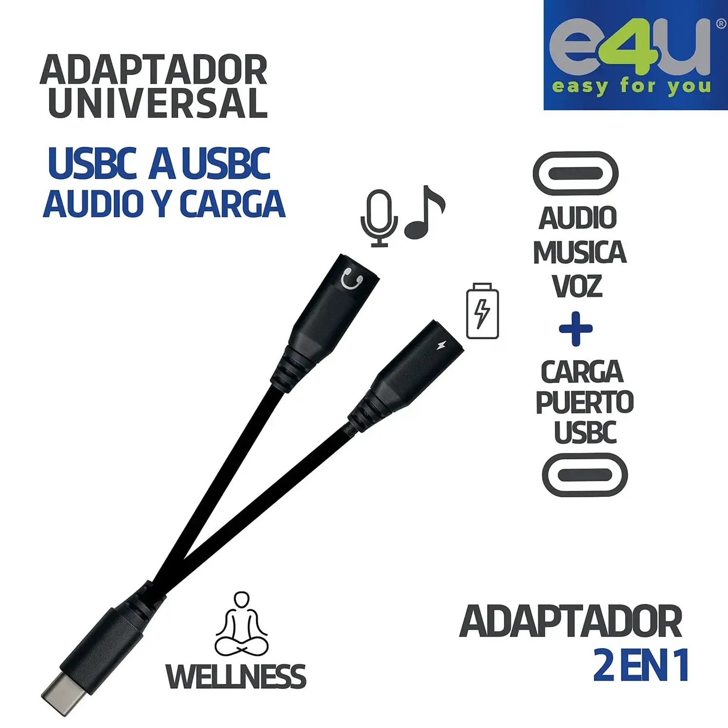 Cable Universal E4U Adaptador Usbc A X 2 Carga, Audio Voz