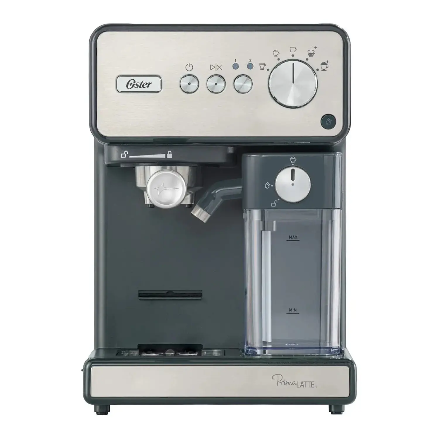 Cafetera Oster Expreso Primalatte, 15 Portacapsulas Plateado