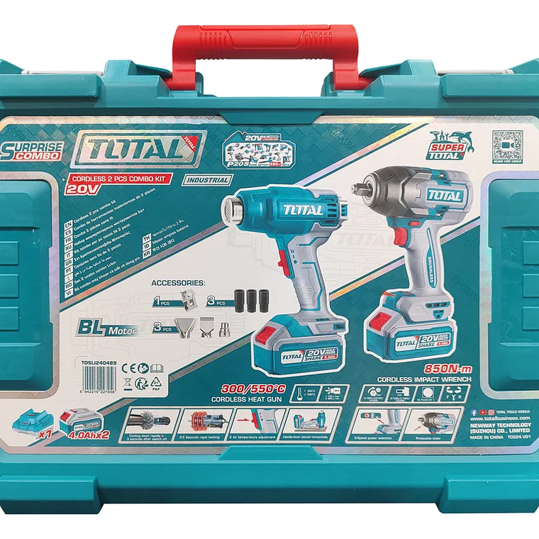 COMBO / KIT LLAVE DE IMPACTO BRUSHLESS + PISTOLA DE CALOR INALÁMBRICA 20V – TOTAL 2