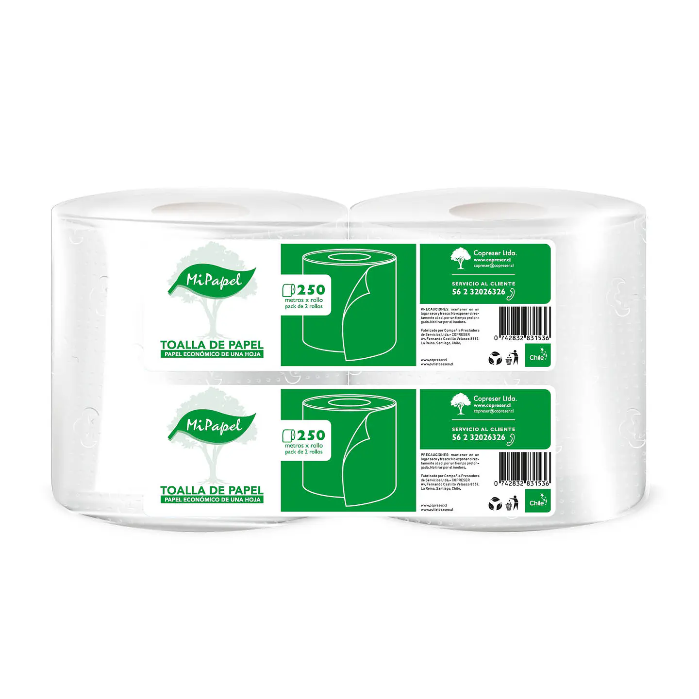 Toalla de papel económico 250 m hoja simple (2 rollos) 1