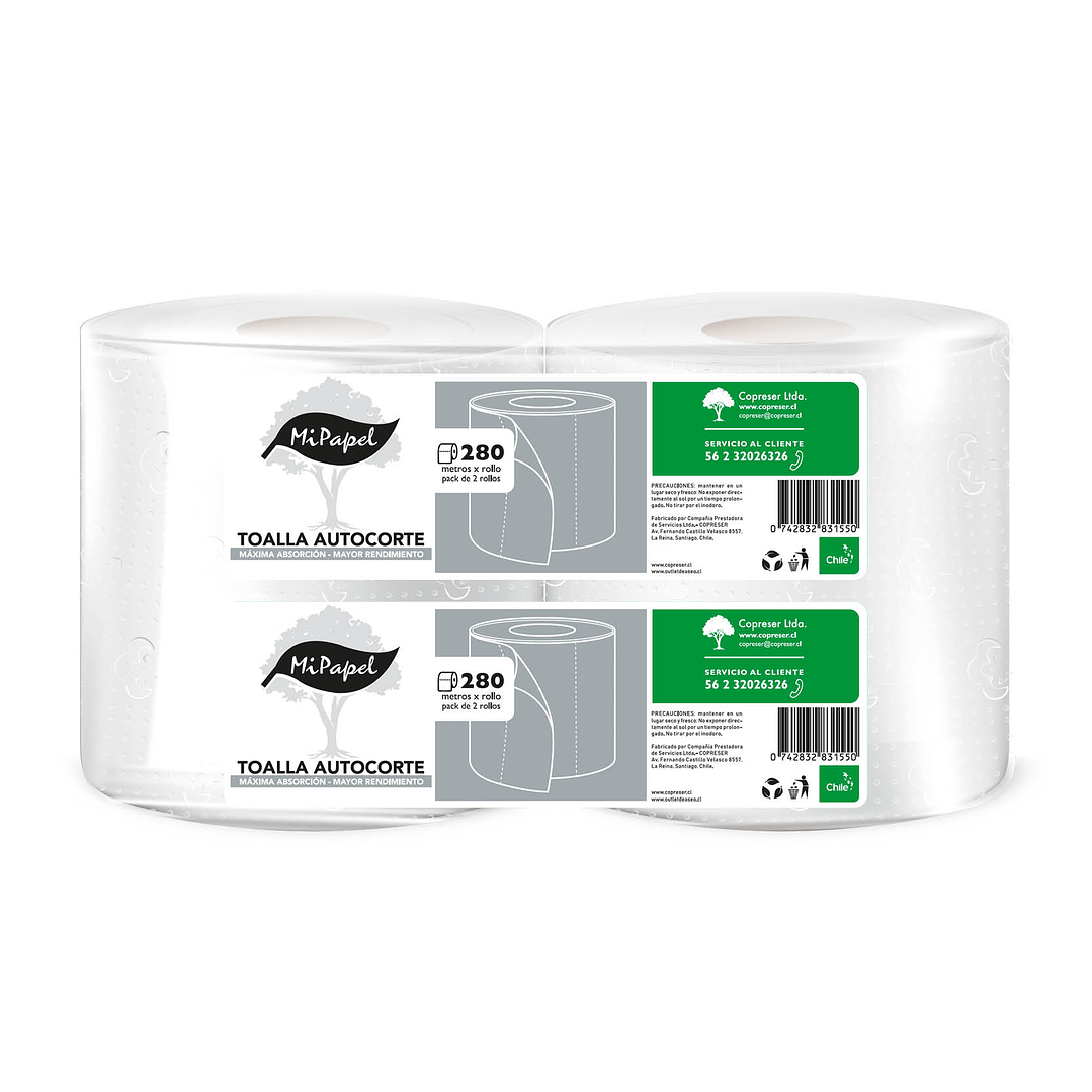 Toalla de papel Autocorte 280 m hoja simple (2 rollos) 1