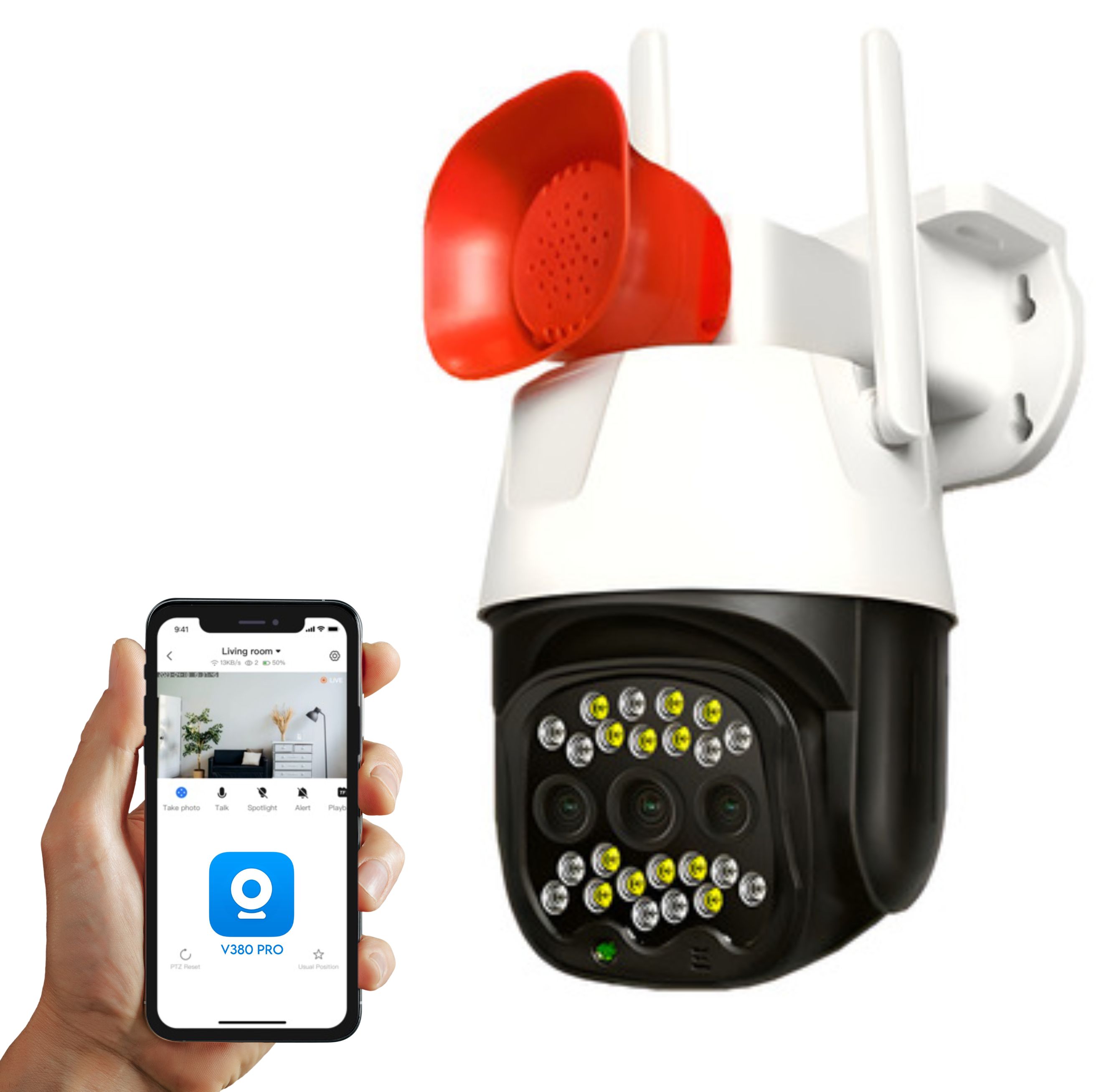CÁMARA DOMO EXTERIOR PTZ WIFI - V380 PRO | SIRENA INTEGRADA