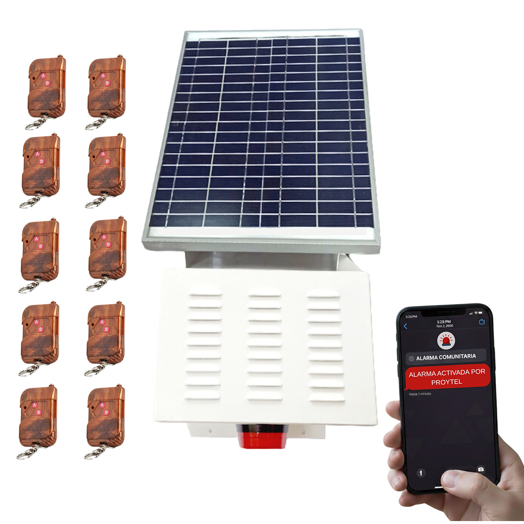 KIT ALARMA COMUNITARIA SOLAR 30W | NOTIFICACIÓN SMS 4G + 10 CONTROLES + 10 PLACAS DISUASIVAS 1