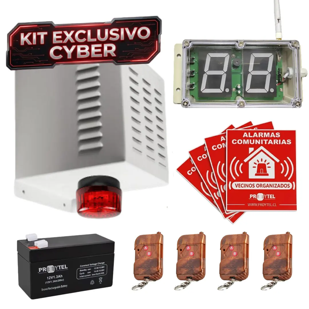 KIT CYBER: ALARMA COMUNITARIA 20W 118 DB PARA 4 CASAS + IDENTIFICADOR + 4 PLACAS + 4 CONTROLES + BATERÍA DE RESPALDO 1