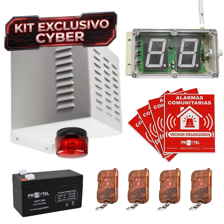 KIT CYBER: ALARMA COMUNITARIA 20W 118 DB PARA 4 CASAS + IDENTIFICADOR + 4 PLACAS + 4 CONTROLES + BATERÍA DE RESPALDO 1