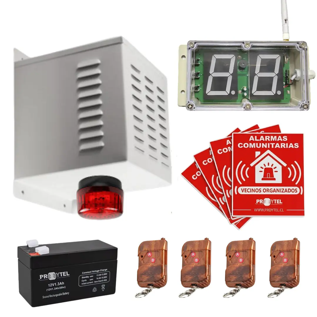 KIT PARA 4 CASAS: ALARMA COMUNITARIA 20W 118 DB PARA + IDENTIFICADOR + 4 PLACAS + 4 CONTROLES + BATERÍA DE RESPALDO 1