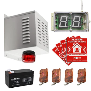 KIT PARA 4 CASAS: ALARMA COMUNITARIA 20W 118 DB PARA + IDENTIFICADOR + 4 PLACAS + 4 CONTROLES + BATERÍA DE RESPALDO