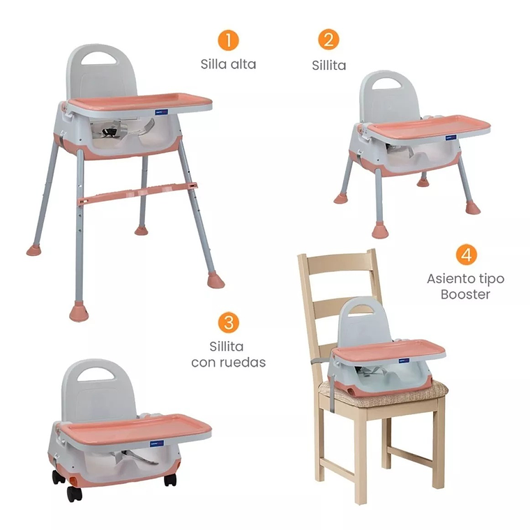 Silla Comedor Bebe 4 En 1 Rosada SLL4103 4