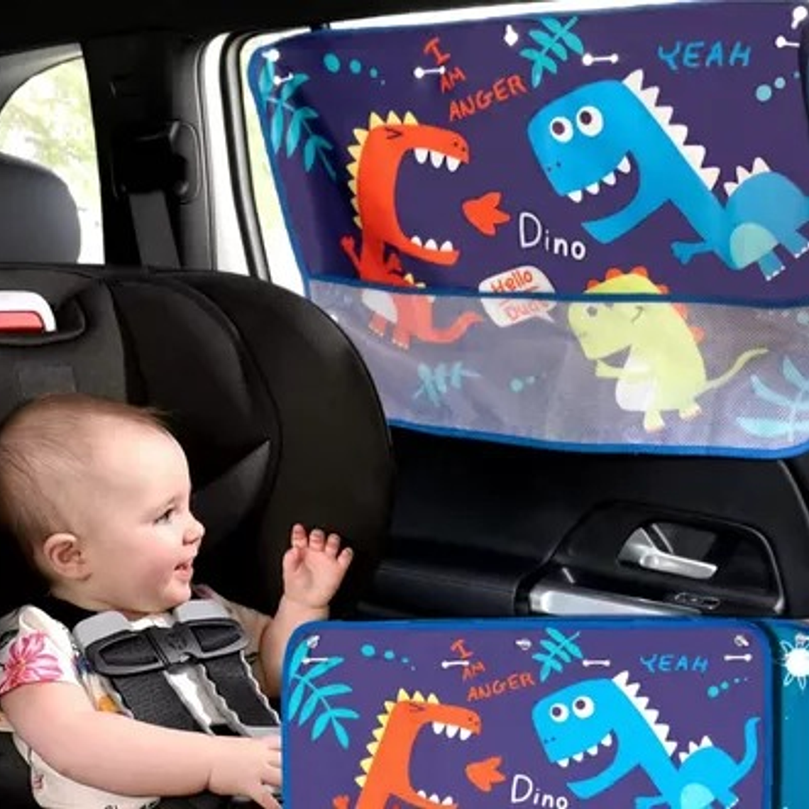Cortina Auto Bebe con Filtro UV Azul Dinosaurio 1