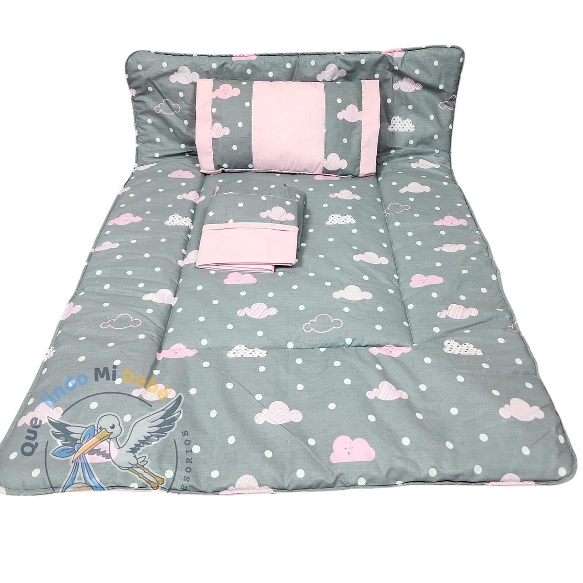 Set Para Cuna Colecho Gris/Rosado Nubes 1