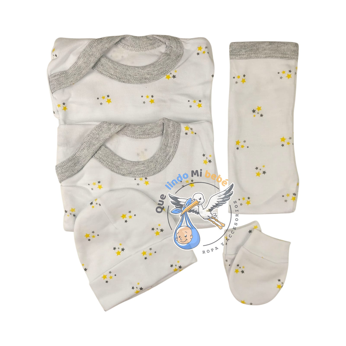 Ajuar 5 Piezas con Diseño Talla 0/3 Meses Blanco/Gris Estrellas 1