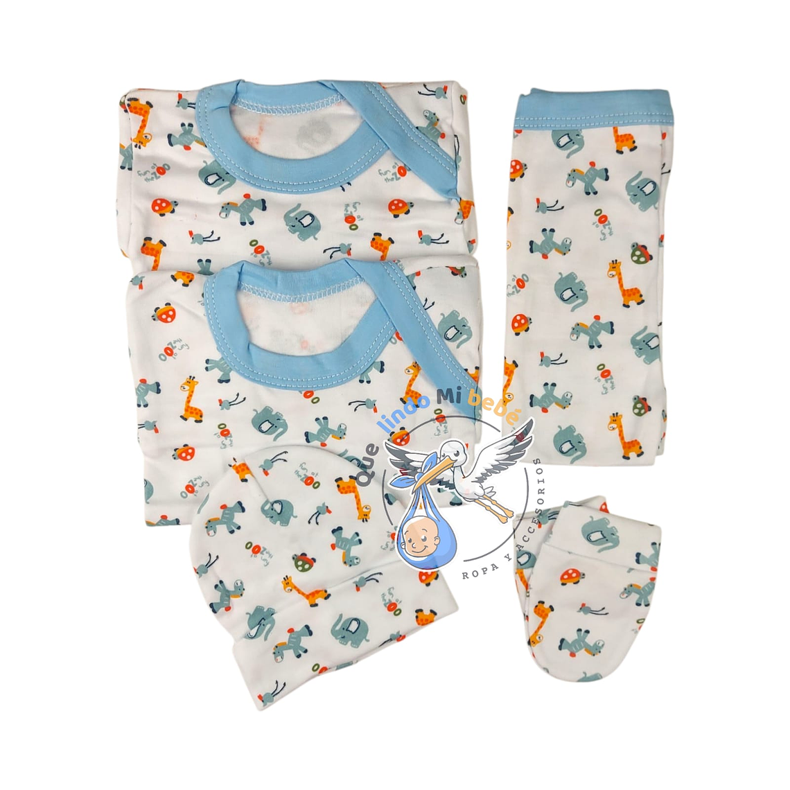 Ajuar 5 Piezas con Diseño Talla 0/3 Meses Blanco/Celeste Animalitos 1