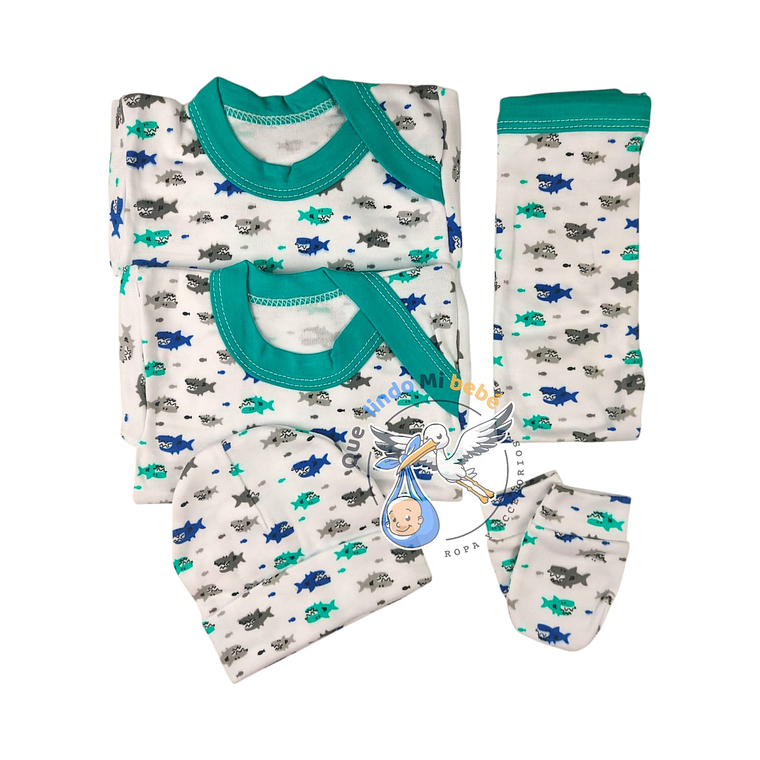 Ajuar 5 Piezas con Diseño Talla 0/3 Meses Blanco/Turquesa Tiburones 1