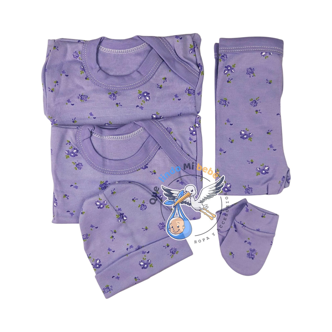 Ajuar 5 Piezas con Diseño Talla 0/3 Meses Lila Flores 1