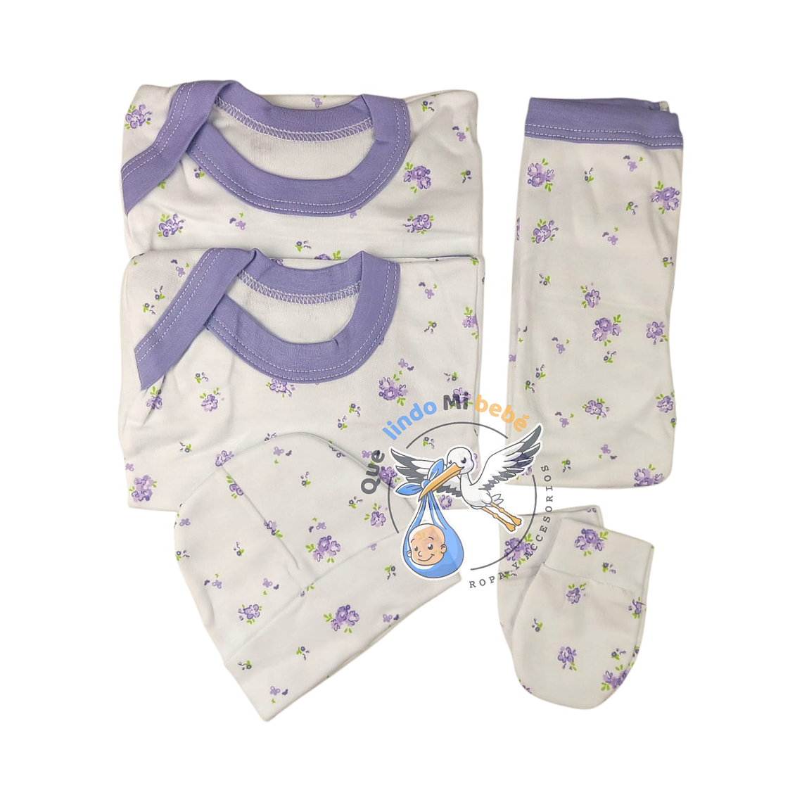 Ajuar 5 Piezas con Diseño Talla 0/3 Meses Blanco/Lila Flores 1