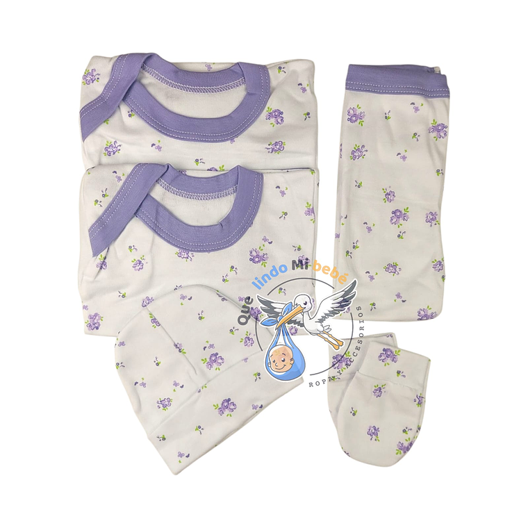 Ajuar 5 Piezas con Diseño Talla 0/3 Meses Blanco/Lila Flores 1