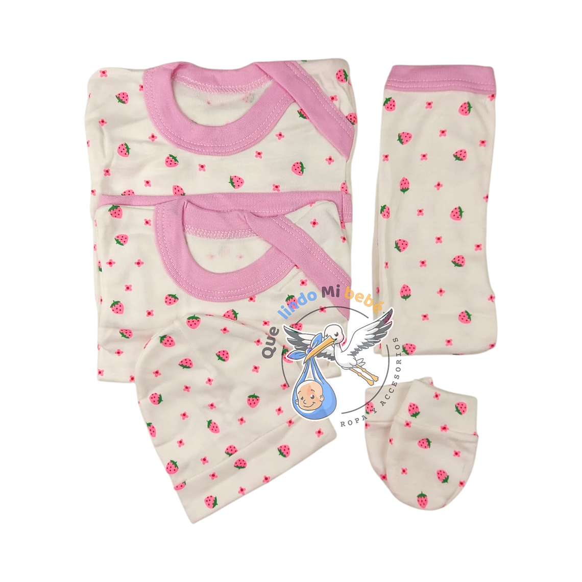 Ajuar 5 Piezas con Diseño Talla 0/3 Meses Blanco/Rosado Claro Frutilla 1