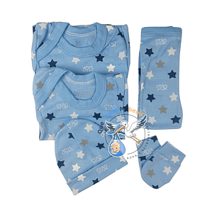 Ajuar 5 Piezas con Diseño Talla 0/3 Meses Celeste Estrellas