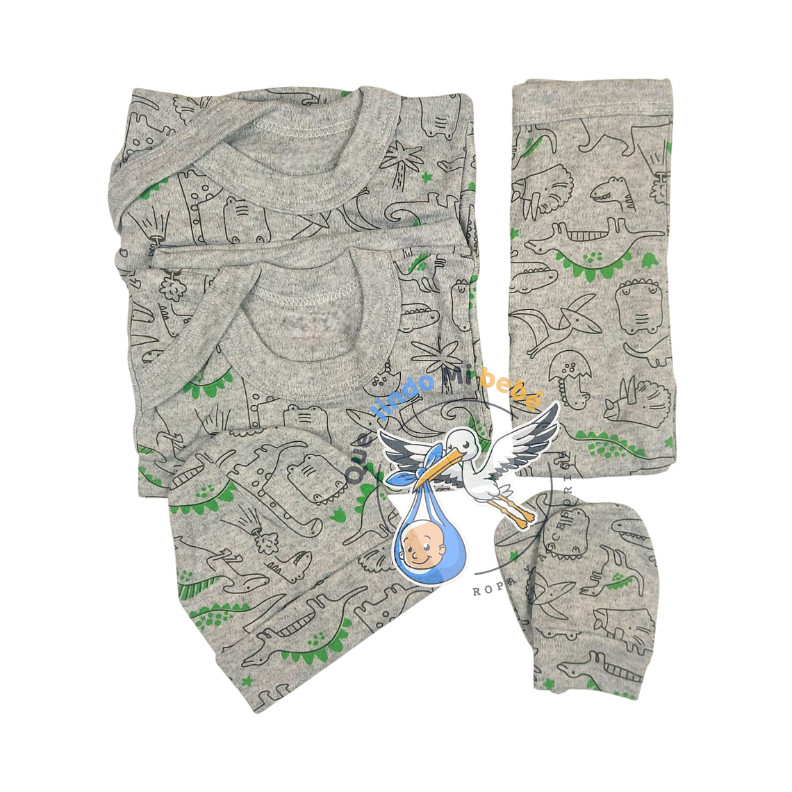 Ajuar 5 Piezas con Diseño Talla 0/3 Meses Gris Dinosaurios 1